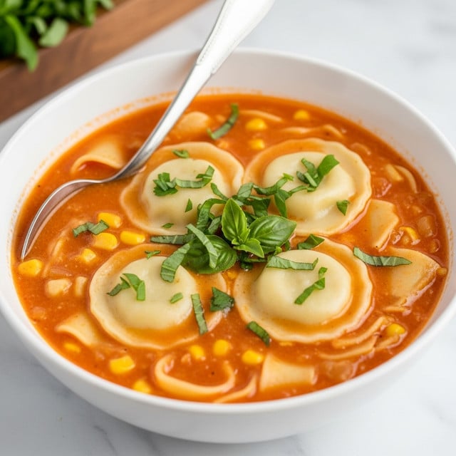 A white bowl filled with a thick, orange-red soup containing visible pieces of tomato and corn, topped with four golden-brown cheese-covered ravioli that have a bubbly, melted texture and are sprinkled with finely chopped green herbs. In the center, there is a small cluster of fresh green basil leaves resting on the ravioli. A metal spoon is placed inside the bowl on the left side, and the bowl sits on a white marbled surface with a blurred background containing a small wooden container holding green leaves. photo taken with an iphone --ar 4:5 --v 7