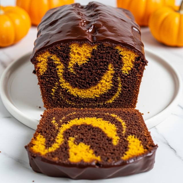A loaf cake with alternating thick swirls of orange and dark brown layers, showing a marbled pattern inside. The top of the cake is covered with a shiny, smooth dark chocolate glaze that drips down the sides. The cake is placed on a round white plate on a white marbled surface, with small pumpkins in the blurred background adding an autumn feel. A thick slice is cut and lies flat in front of the cake, showing the same swirl pattern on its cut surface. Photo taken with an iphone --ar 4:5 --v 7