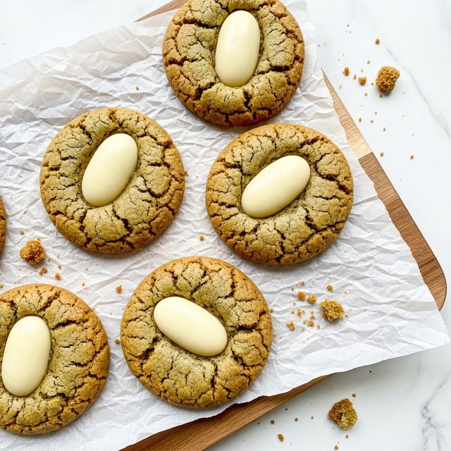 The image shows four large round cookies with a light golden brown color and a slightly crumbly texture, resting on white parchment paper over a wooden board and a white marbled surface. Each cookie has a distinct light cream-colored oval piece embedded near the center. The cookies have visible cracks on their surface, adding a rustic look. There are small crumbs scattered around the cookies on the parchment paper and the marbled surface. The overall setting is simple and clean with soft natural lighting. photo taken with an iphone --ar 4:5 --v 7
