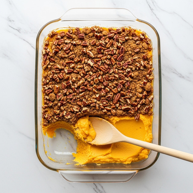 A glass casserole dish contains a baked dish with two visible layers: the bottom layer is smooth, bright orange sweet potato mash, filling the whole dish, while the top layer is a crumbly brown streusel topping mixed with whole and halved pecans scattered evenly, their shiny, toasted texture visible. A wooden spoon is resting inside, partially scooping the sweet potato layer from the corner, showing a clear separation between the two layers. The dish sits on a dark textured cloth laid on a white marbled surface. photo taken with an iphone --ar 4:5 --v 7