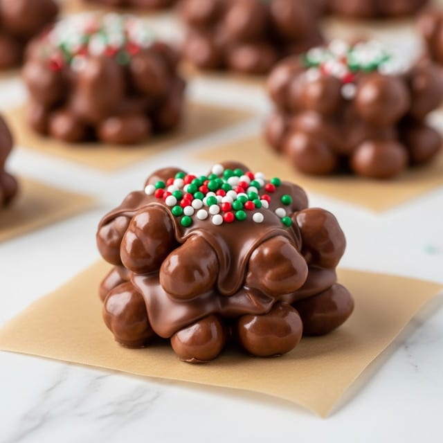 The image shows a single cluster of chocolate-covered nuts or candies placed on light brown parchment paper over a white marbled surface. The cluster has a round, irregular shape with about two layers of chunky, glossy milk chocolate coating the nuts, giving it a smooth yet textured look. On top, there are small round sprinkles in red, green, and white colors scattered mostly over the center, adding a festive touch. In the blurred background, more similar chocolate clusters are visible, creating a soft depth effect. Photo taken with an iphone --ar 4:5 --v 7