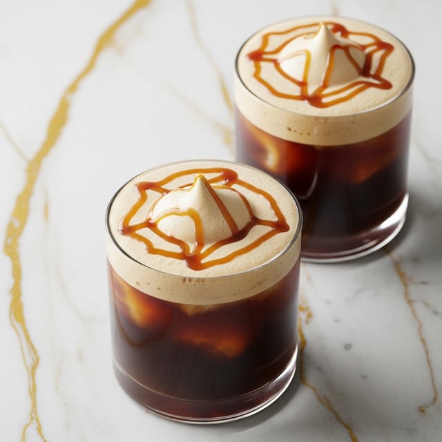 Two clear glasses filled with dark coffee and ice cubes sit on a white marbled surface with gold veins. Each glass has a thick, creamy light brown foam layer on top, shaped with a small peak in the center. A thin drizzle of caramel sauce is artfully spread over the foam, with some caramel dripping down the sides of the foam. Soft shadows fall beside the glasses, enhancing the texture and depth. photo taken with an iphone --ar 4:5 --v 7