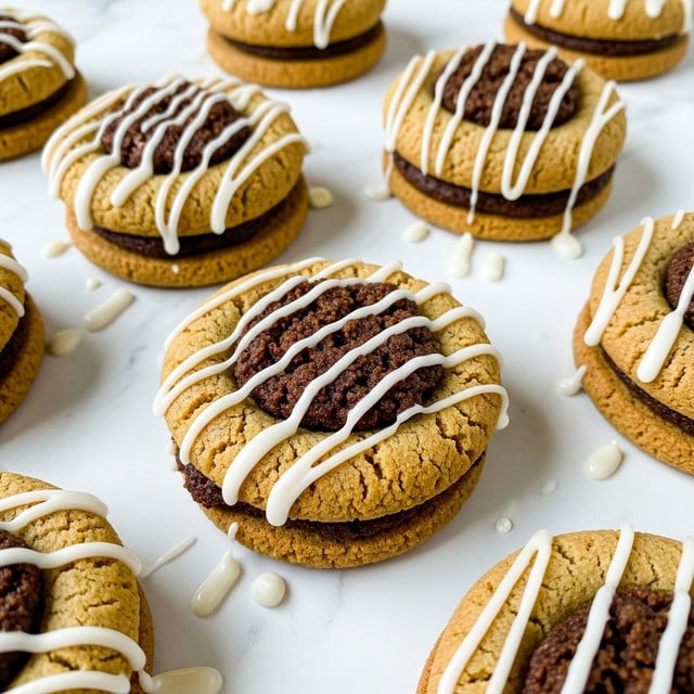 The image shows several round cookies placed on a white marbled surface, each cookie having two main layers. The base layer is a thick, golden-brown soft cookie with a slightly rough texture. The top layer consists of a crumbly, darker brown streusel or crumble filling sitting in the center depression of the cookie. Drizzled over the whole cookie are thin, uneven lines of white icing that contrast with the cookie’s colors and add a glossy texture. The icing drips slightly onto the white marbled surface below some cookies, adding to the freshly made look. The photo taken with an iphone --ar 4:5 --v 7