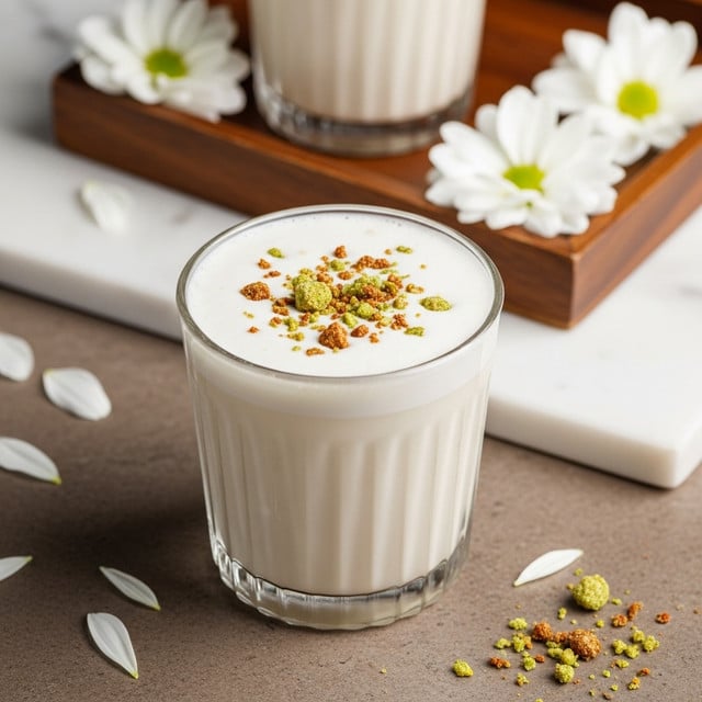 A clear glass with small vertical ridges holds a creamy, thick white drink almost to the top, garnished with small brown and green crumbles scattered on the surface. Behind it, a wooden tray holds another glass of the same drink, partially visible, with white flowers placed around it. The drink and tray sit on a neutral brown surface that will be changed to a white marbled texture. Small scattered flower petals and crumbs decorate the area near the glass. photo taken with an iphone --ar 4:5 --v 7