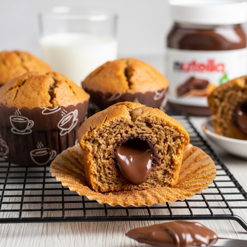 A close-up of a rich golden-brown muffin with a slightly cracked top, wrapped in a dark brown paper liner that has light tan coffee cup and bowl drawings on it, sitting on a black wire rack. One muffin is cut in half, showing a dense, moist texture with a gooey dark chocolate filling at the center, smooth and shiny. In the background, there is a clear glass of milk and a jar of chocolate spread with a white label. The scene is on a light wooden table with a smear of the chocolate spread next to a knife in the foreground. Photo taken with an iphone --ar 4:5 --v 7