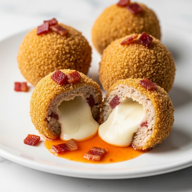 Four golden brown deep-fried balls with a crumbly and crispy breaded outer layer sit on a white plate with a white marbled texture beneath. Two balls are whole in the back row, while two are split open in the front, revealing a soft, creamy white filling that looks smooth and light. The filling is slightly melted and oozing onto the plate, mixed with dripping orange sauce and bits of crispy reddish bacon pieces embedded in the outer coating. The texture contrasts between crunchy outside and creamy inside are clear and inviting. photo taken with an iphone --ar 4:5 --v 7