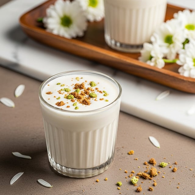 A clear glass with a thick layer of creamy white drink fills it almost to the top, with small bits of crushed nuts sprinkled on the surface for texture and color contrast. Behind the glass, there is a round white plate with a similar glass partially visible on it, and delicate small white flowers are placed around the drinks both on the plate and the white marbled surface. The setting is gentle and clean, with a soft focus on the background, highlighting the main drink in the foreground. Photo taken with an iphone --ar 4:5 --v 7