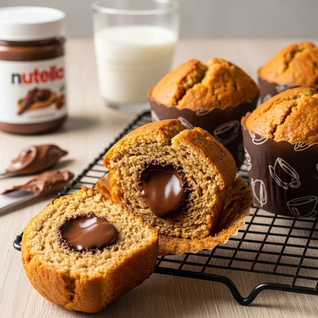 The image shows a close-up of a muffin split in half to reveal a gooey chocolate center inside the soft, brown crumb. The muffin’s top is golden brown with a slightly cracked, textured surface. It sits on a black cooling rack over a white marbled surface. In the background, there are more muffins in dark brown paper wrappers with light brown designs, a glass of white milk, and a blurred jar of chocolate spread. A spread knife with some chocolate spread rests on the white marbled surface near the front. photo taken with an iphone --ar 4:5 --v 7