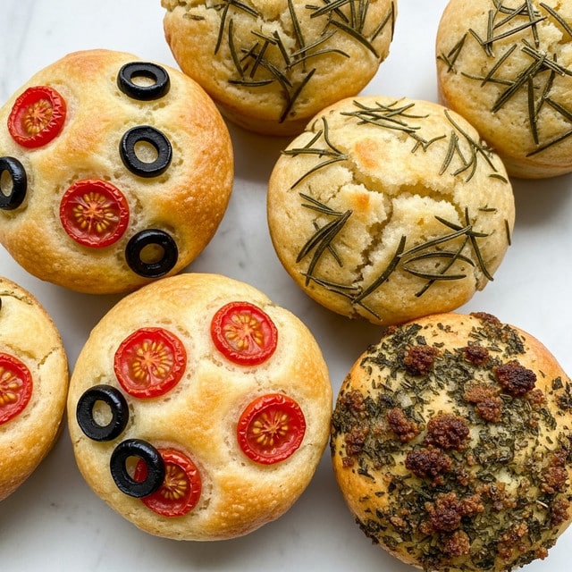 A close-up of six small muffins placed on a white marbled surface, each with a golden-brown top and a light, airy texture. Three muffins have toppings of dark purple olives and bright red cherry tomato pieces scattered on top, with a slightly crispy and uneven golden crust. Two muffins have small green rosemary leaves pressed into their smooth golden tops, adding a fresh herbal look. One muffin is topped with a dark, crumbly herb and cheese mix, creating a textured, nearly burnt appearance. All muffins have a soft, light yellow base with a slightly crispy edge and a tiny dome shape. photo taken with an iphone --ar 4:5 --v 7