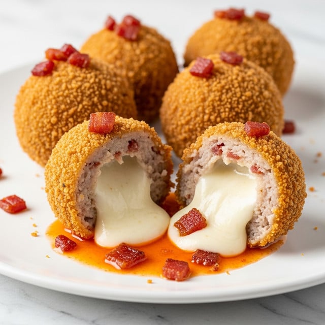 Four round fried balls with a crispy, golden-brown crumb coating sit on a white plate on a white marbled texture background. Two of the balls are whole, showing a textured, crunchy outer layer with small reddish pieces embedded. The other two balls are cut open in front, revealing a soft, white creamy filling that is oozing out and mixed with an orange sauce with some red spices. The surface of the creamy filling looks smooth and thick, and some sauce pools around the base of the cut balls. photo taken with an iphone --ar 4:5 --v 7