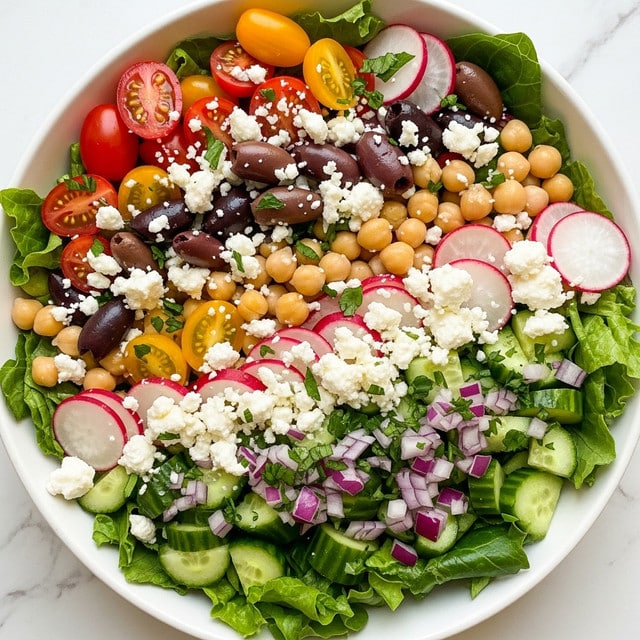 A close-up of a fresh salad in a white bowl, showing several layers and colors: the base layer is green leafy lettuce with a rough texture, mixed with light green cucumber cubes scattered evenly throughout. Bright red and yellow cherry tomatoes add bursts of color layered on top and around the edges. Dark purple olives and pale beige chickpeas are spread across the salad, along with white crumbly feta cheese sprinkled over the top. Thin slices of purple-red onion and red sun-dried tomato pieces add texture and variety, all set against a white marbled surface. photo taken with an iphone --ar 4:5 --v 7