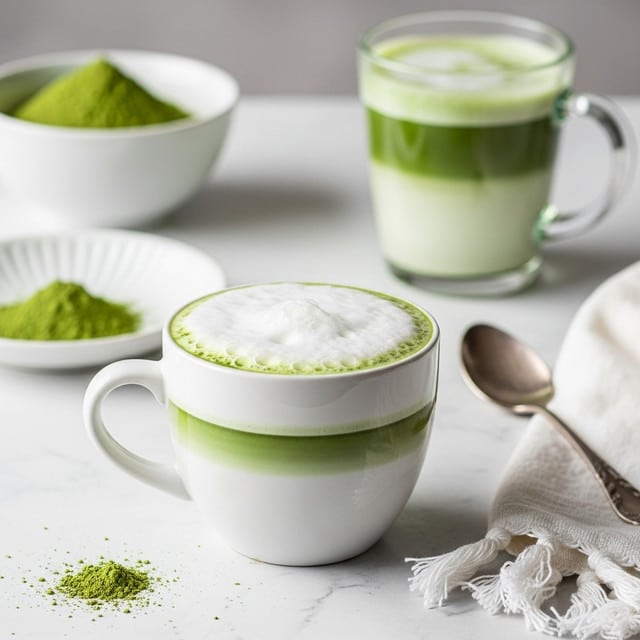 A white ceramic cup filled with a two-layer matcha latte, showing a light green bottom layer of smooth tea and a thick top layer of white, frothy foam bubbles, sitting on a white marbled surface with scattered green matcha powder around its base; behind it, there is a white bowl filled with bright green matcha powder and a white dish with a smaller amount of matcha powder, plus a transparent glass mug filled with a similar green matcha drink topped with foam, all softly lit to highlight the textures and colors, photo taken with an iphone --ar 4:5 --v 7