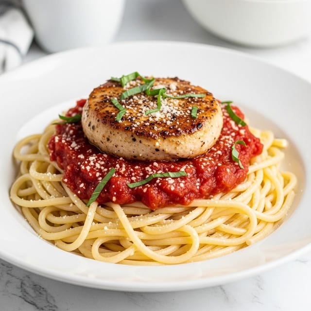A white deep plate holds a serving of thick, smooth spaghetti noodles arranged in a loose nest at the bottom. On top of the pasta is a layer of chunky red tomato sauce with visible tomato pieces, coated evenly over the noodles. Centered above the sauce is a round, browned, cooked piece of chicken breast with a slightly shiny texture. Scattered over the chicken and sauce are small green herb leaves and a sprinkle of fine white grated cheese, adding texture and color contrast. The plate sits on a white marbled surface, with a blurred white cup and a bowl in the background. Photo taken with an iphone --ar 4:5 --v 7