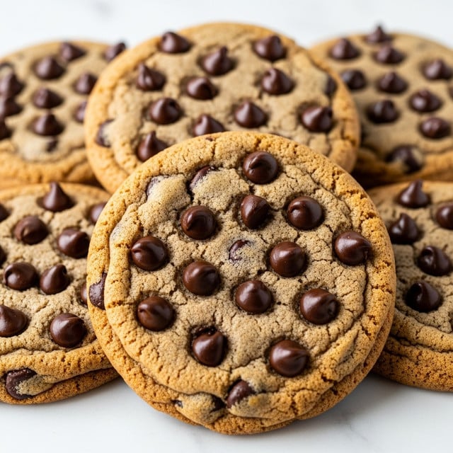 A close-up view of several round chocolate chip cookies stacked slightly on each other on a white marbled surface. The cookies have a golden brown color with a soft texture, and dark, shiny chocolate chips scattered all over each cookie's top layer. The edges of the cookies are slightly darker and crispier, with small cracks showing their softness inside. Photo taken with an iphone --ar 4:5 --v 7