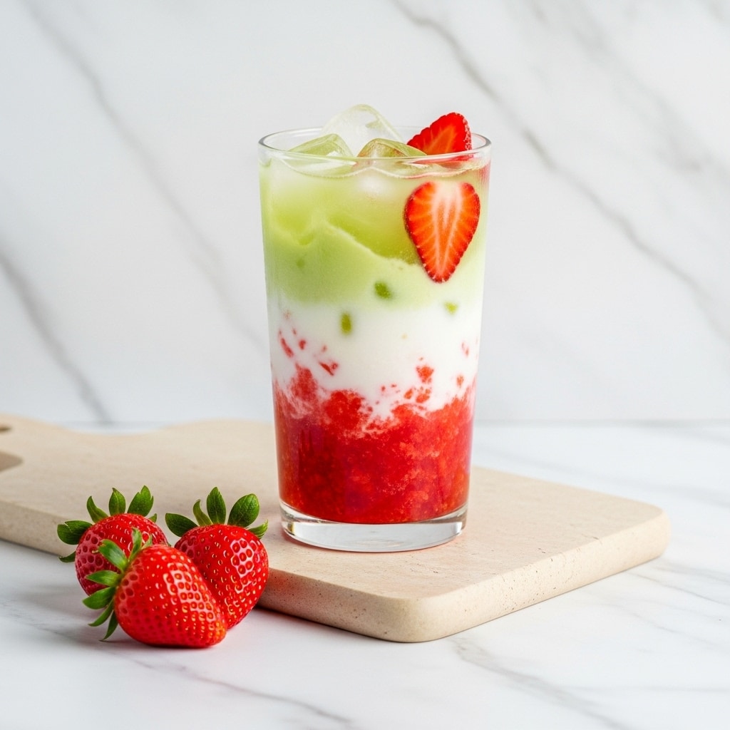 A tall clear glass shows a three-layered drink set on a beige wooden board on a white marbled texture. The bottom layer is bright red with pieces of crushed strawberries. The middle layer is white and smooth, looking like milk or cream. The top layer is light green with ice cubes, slightly mixed with the white below. A few thin red strawberry slices float among the ice at the top. Three whole red strawberries with green leaves rest in front of the board on the white marbled texture. photo taken with an iphone --ar 4:5 --v 7
