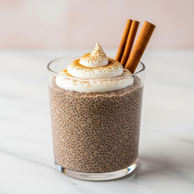 A clear glass cup filled with a thick, dark brown chia pudding showing small chia seeds spread evenly throughout the mixture; on top, there is a swirl of white whipped cream sprinkled with a light dusting of cinnamon powder; two cinnamon sticks stand upright, slightly leaning against the side of the glass; the glass is placed on a white marbled surface with a soft, pale pink background. photo taken with an iphone --ar 4:5 --v 7