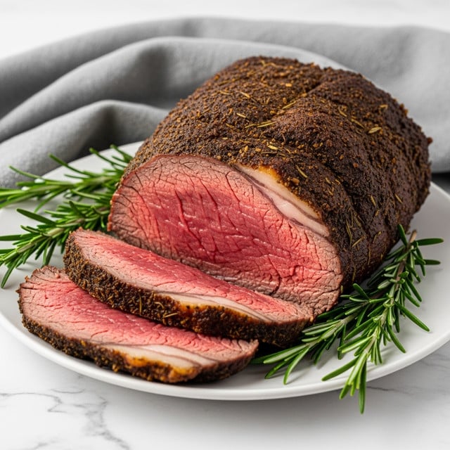 The image shows a large piece of roasted meat with a dark brown, crispy herb crust on the outside. The inside is juicy and medium-rare with a pink-red color. Three slices are cut and laid in front of the main roast on a white plate, revealing the tender, red interior and a thin layer of fat on the edges. Fresh green rosemary sprigs are placed around the roast and slices, adding a touch of color on the plate. The background is a soft, folded gray cloth on a white marbled surface. Photo taken with an iphone --ar 4:5 --v 7