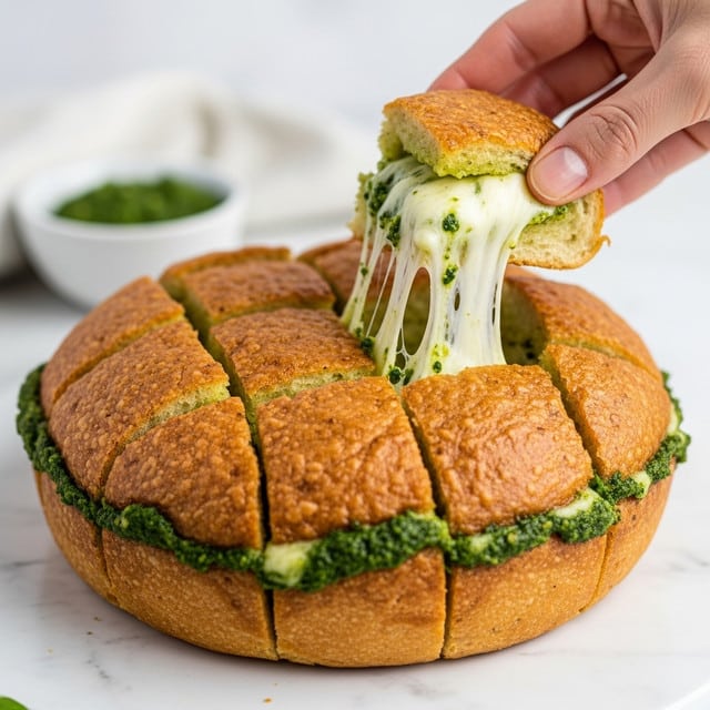 A round, golden-brown bread is cut into square sections, each piece showing a crispy and crunchy crust. The bread’s inside is filled with melted stretchy cheese that pulls apart as a woman's hand lifts one piece. Between the bread and the cheese, there is a green pesto-like spread adding a vibrant touch. The bread sits on a white marbled surface, with a small blurred white bowl holding a green mixture visible in the background. photo taken with an iphone --ar 4:5 --v 7