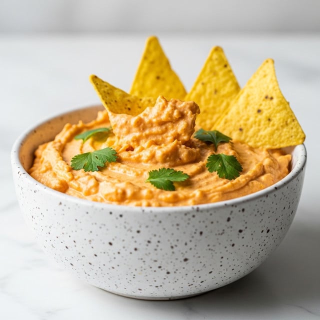 A white speckled bowl filled with a creamy, orange cheese dip that has a slightly rough texture, topped with small green cilantro leaves. Three triangular yellow tortilla chips with dark spots stand upright, partially dipped into the cheese, positioned at the back right inside the bowl. The bowl sits on a white marbled surface with a blurred background. photo taken with an iphone --ar 4:5 --v 7