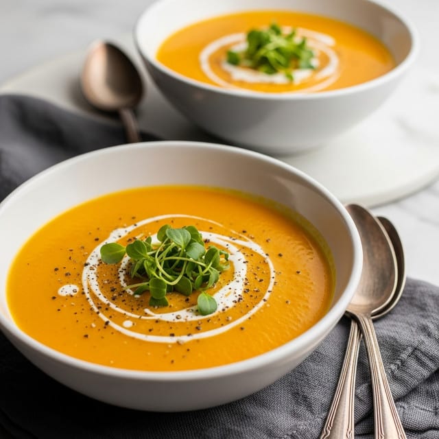 A close-up of two white bowls filled with smooth, bright orange soup, each bowl topped with a swirl of white cream, a sprinkle of black pepper, and a small bunch of fresh green herbs placed in the center. One bowl is in the front, fully visible, resting on a gray cloth with two aged silver spoons beside it, while the second bowl is slightly blurred in the background on a white marbled surface. The overall look is warm and inviting with rich textures and colors. photo taken with an iphone --ar 4:5 --v 7