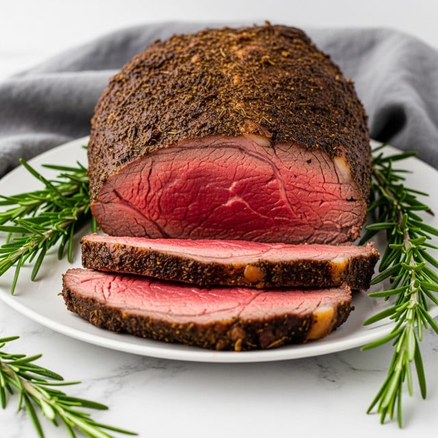 A white plate holds a large cut of roast beef with a dark brown, herb-crusted exterior and a juicy, pink center. The beef is partly sliced into thick pieces that show the tender, moist inside with a layer of slightly browned fat near the edge. Green rosemary sprigs are placed around and on top of the beef, adding a fresh touch. The background features a soft grey cloth and a white marbled textured surface. photo taken with an iphone --ar 4:5 --v 7