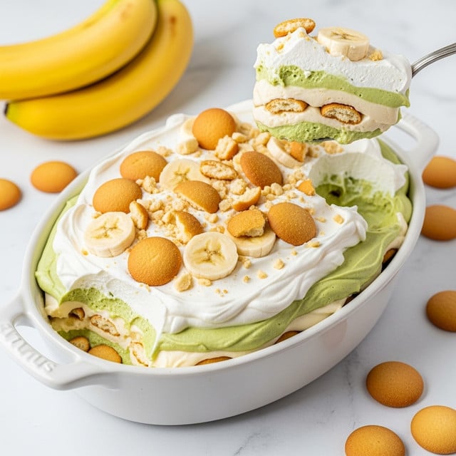 A white oval dish holds a three-layer creamy dessert with a spoon lifting a piece above it. The bottom layer is a pale green creamy mousse mixed with whole and crushed round vanilla wafers. The middle layer is another thick pale green mousse. The top layer is a white fluffy whipped cream sprinkled with broken vanilla wafer pieces and banana slices. The dish rests on a white marbled surface with a bunch of ripe bananas and loose vanilla wafers nearby. The spoon shows the creamy texture of the green mousse and wafer inside the dessert. photo taken with an iphone --ar 4:5 --v 7