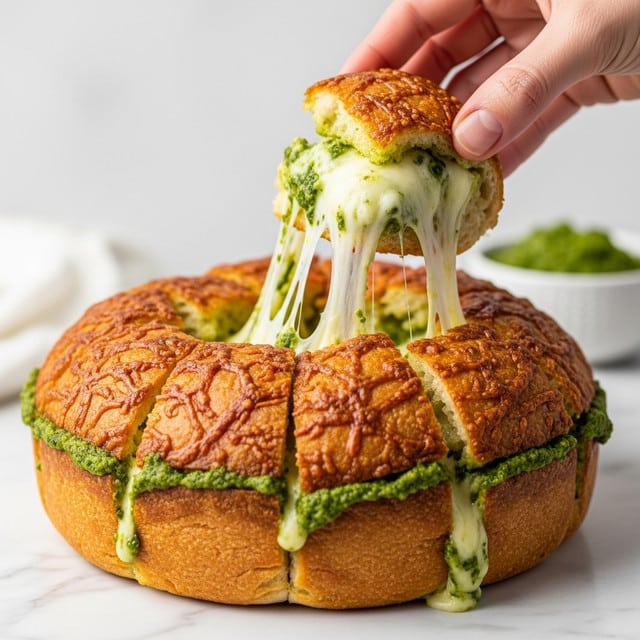 A round loaf of bread is cut into large square sections, showing a crispy, golden-brown crust on the outside. Inside, light green layers of herb butter can be seen spread between soft, fluffy bread, with melted white cheese stretching as a woman's hand pulls one piece up. The bread’s crust looks crunchy and textured, while the cheese is gooey and stringy. This whole scene is on a white marbled surface. Photo taken with an iphone --ar 4:5 --v 7