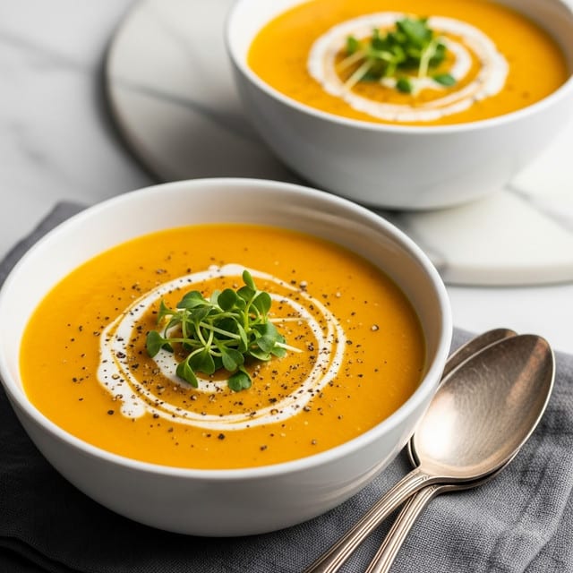 A white bowl filled with smooth, bright orange pumpkin soup as the base layer, topped with a swirl of white cream creating a soft spiral pattern in the center layer, sprinkled with small dark brown or black spices creating a light textured layer on top, and finished with a small cluster of fresh green thyme leaves placed neatly in the center as the final layer, all sitting on a soft grey cloth with an old silver spoon resting by the bowl, the background is a white marbled texture. photo taken with an iphone --ar 4:5 --v 7