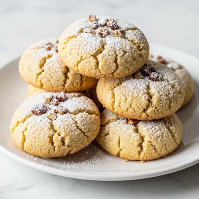 A stack of four round cookies is shown on a white plate, placed on a white marbled surface. Each cookie has a light golden-brown color with a crumbly texture and is topped with a generous dusting of white powdered sugar. On top of each cookie, there are scattered small brown nut pieces adding a crunchy contrast. The cookies are piled unevenly, creating a soft, inviting shape with visible cracks on the sides. Photo taken with an iphone --ar 4:5 --v 7