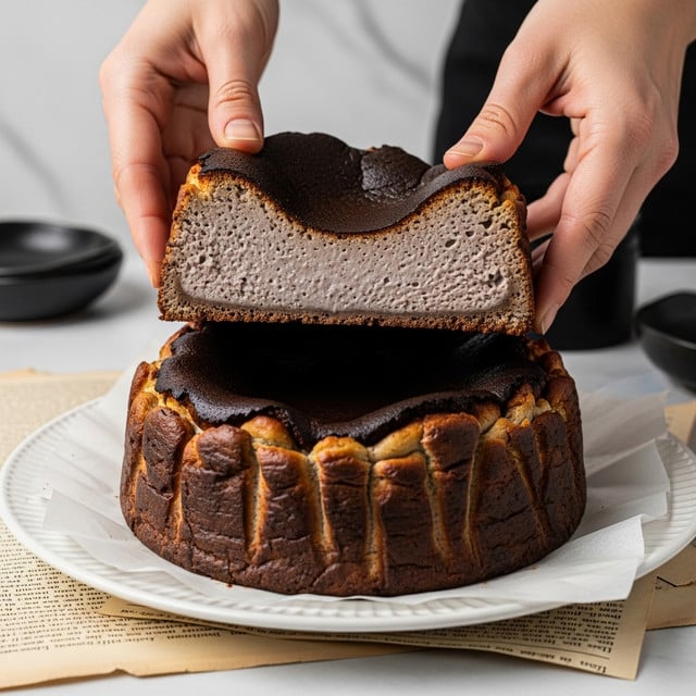 The image shows a dark brown Basque cheesecake with a burnt top and a rough cracked crust on the sides, sitting on a white plate over some old paper sheets. The cake is cut in half horizontally, revealing a thick, smooth, dense grayish-purple inside layer with a creamy texture. Two woman's hands hold the top half of the cake above the bottom half, showing the full interior. The background includes a white marbled texture and blurred black objects. photo taken with an iphone --ar 4:5 --v 7