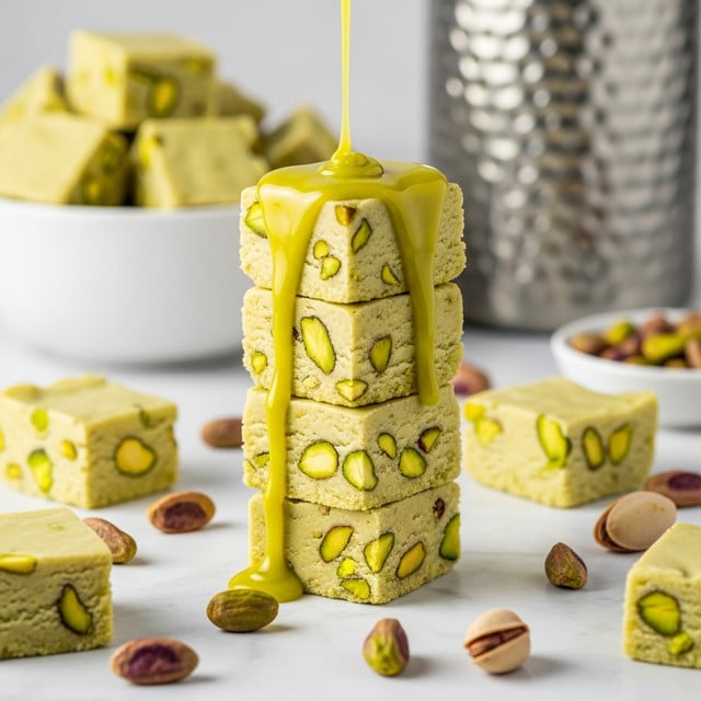 Four square pieces of creamy pistachio fudge are stacked vertically in the center, each light greenish-yellow piece embedded with chopped green pistachio nuts. A thick drizzle of bright yellow-green sauce flows down the top piece over the sides. Around the stack are more pieces of the pistachio fudge scattered on a white marbled surface, some whole pistachios adding texture and color. In the background, there is a white bowl filled with more pistachio fudge squares, softly blurred, and a metallic textured container. The image is well lit, showing the smooth and dense texture of the fudge with clear nut details. photo taken with an iphone --ar 4:5 --v 7