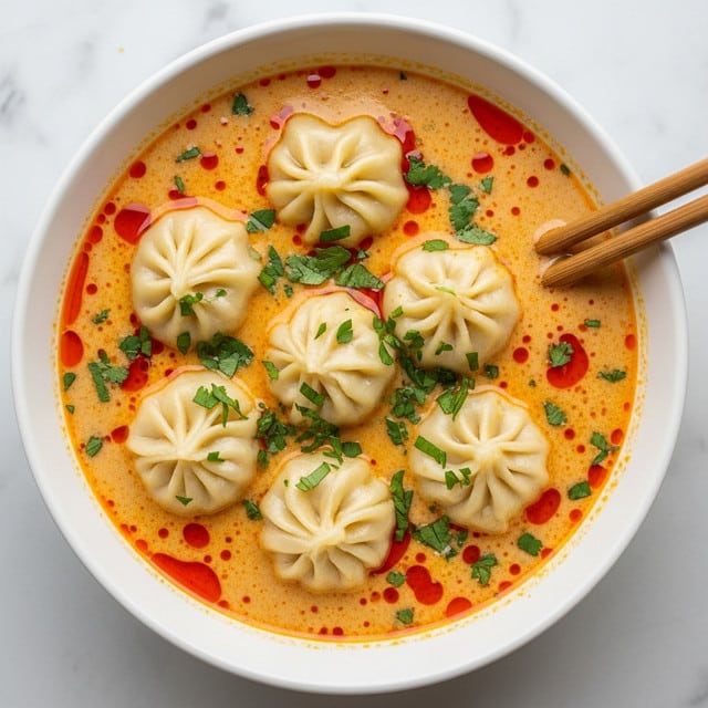 A white bowl filled with creamy orange soup has five large round dumplings floating on the top. The dumplings are pale yellow and soft with gentle folds around the edges. The soup surface is shiny and dotted with small red oil spots and finely chopped green herbs scattered across the dumplings and soup. Two wooden chopsticks rest on the side of the bowl. The bowl is placed on a surface with a white marbled texture. photo taken with an iphone --ar 4:5 --v 7