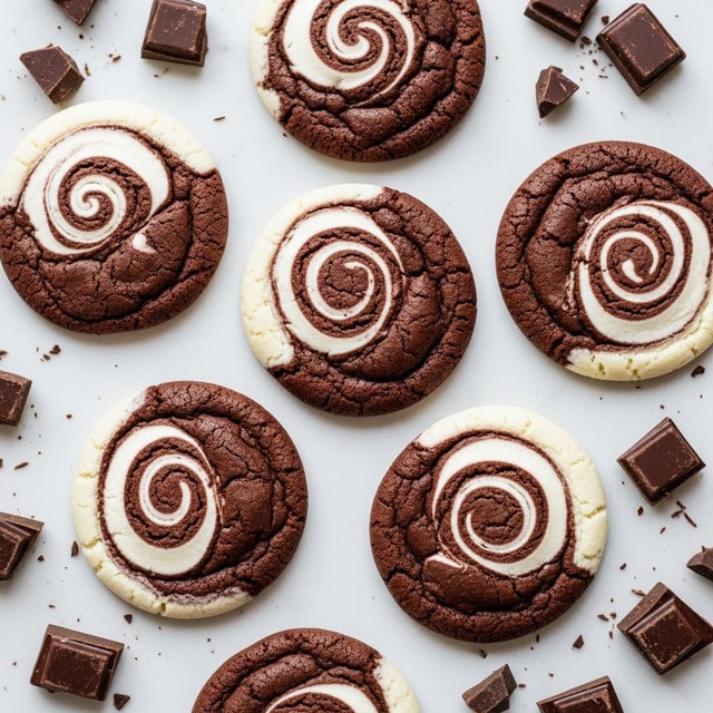 The image shows several round cookies with a swirl pattern on top, each cookie having two main layers of color and texture: a dark brown chocolate base and a white cream swirl that creates a spiral design across the surface. The cookies are slightly cracked and have a soft, crumbly texture with the swirls blending smoothly into the chocolate. Around the cookies are broken pieces of chocolate that are dark brown with sharp edges, scattered on a white marbled surface that adds a clean and simple background contrast. There are no plates or bowls, just the cookies and chocolate pieces resting flat. photo taken with an iphone --ar 4:5 --v 7