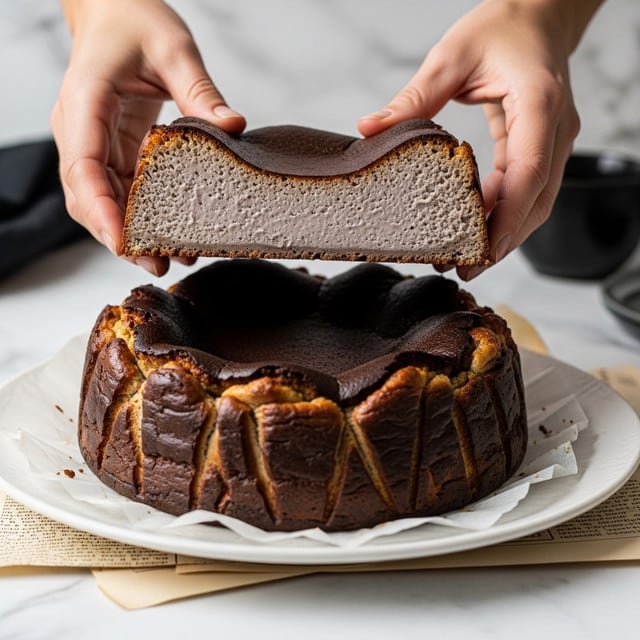 The image shows a dark brown baked cake with a slightly cracked and wrinkled top layer on a white plate, resting on some pages of printed paper. The cake is cut into two thick pieces, each with two visible layers: the top and sides have a rich, deep brown color with a baked texture, while the inside is a smooth, dense, light gray layer. A woman's hand is lifting the top slice, revealing the soft, creamy inside of the cake. The setting is on a white marbled surface with a small white bowl filled with a dark ingredient in the background. Photo taken with an iphone --ar 4:5 --v 7