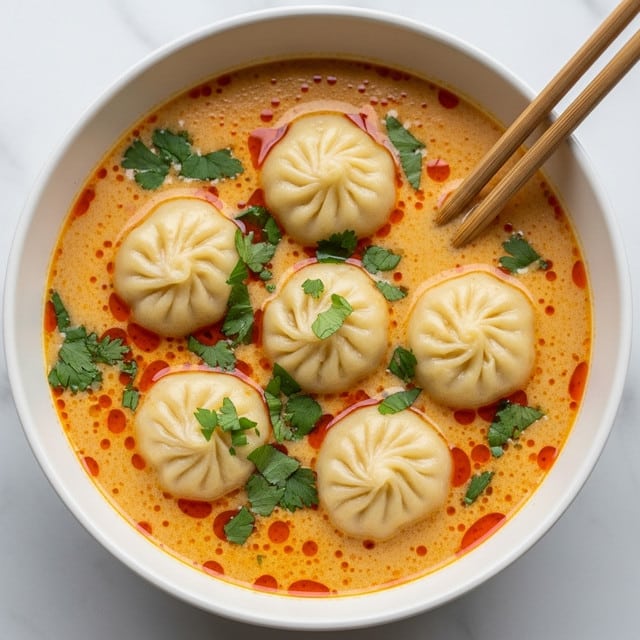 A white bowl filled with a creamy orange soup, with four dumplings floating evenly on top, each dumpling showing soft, slightly wrinkled pale yellow dough with folds. The soup has small drops of reddish oil scattered on the surface, and green chopped herbs sprinkled generously in the middle, adding a fresh look. The bowl sits on a white marbled surface, and on the left edge, a pair of dark wooden chopsticks rests partially in the bowl. photo taken with an iphone --ar 4:5 --v 7