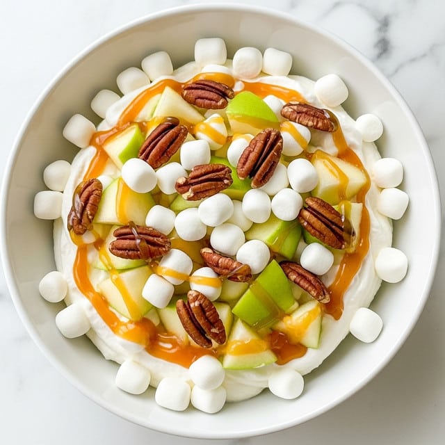 A white bowl filled with a fluffy, creamy white base topped with small white mini marshmallows, green apple chunks scattered evenly, and broken pieces of brown pecans. The whole top layer is drizzled with golden caramel sauce, and a light dusting of cinnamon powder is visible over the marshmallows and apple pieces. The bowl sits on a white marbled surface, with some pecans scattered around. photo taken with an iphone --ar 4:5 --v 7