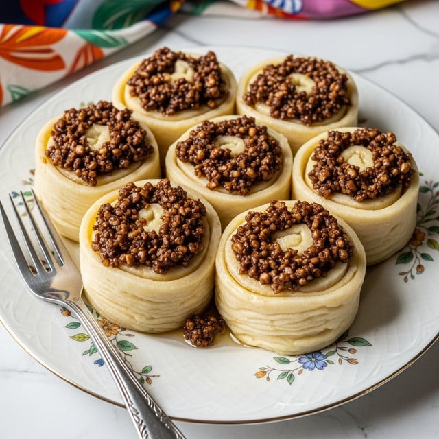 The image shows six dumpling rolls arranged closely on a white plate with a delicate brown floral pattern around the edge. Each roll has soft, pale off-white layers of dough wrapped tightly in a spiral form, with a glossy sheen. The top of each dumpling features a small mound of caramelized, finely chopped brown nuts that look shiny and sticky from a sweet syrup. The dumplings sit in a small pool of clear golden syrup at the bottom of the plate. On the right side, a silver fork holds one dumpling slightly lifted. The background has a white marbled texture with a green and red cloth blurred softly. Photo taken with an iphone --ar 4:5 --v 7