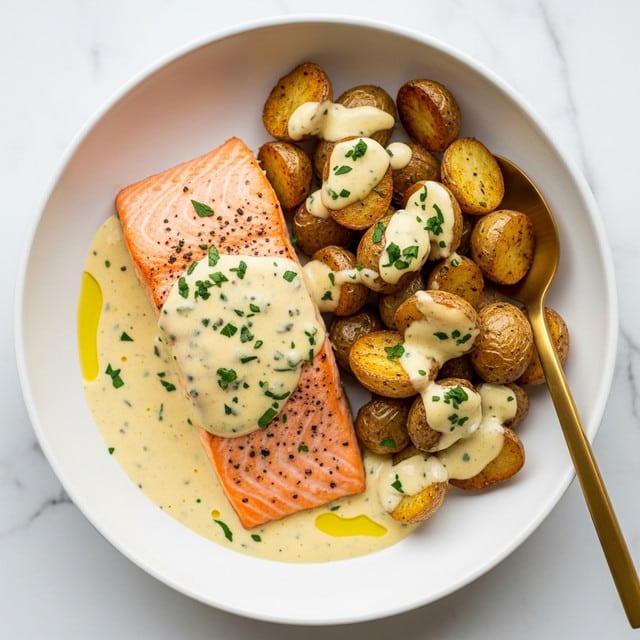 A white bowl contains a piece of cooked salmon, pink with a lightly browned top layer, covered with a creamy light yellow sauce sprinkled with green herbs. Next to the salmon are small roasted potato pieces, golden brown with a crispy texture and also topped with the same creamy sauce and herbs. The sauce pools around the bottom of the bowl, creating a smooth contrast to the textured fish and potatoes. A golden spoon rests at the edge of the bowl, and the whole scene sits on a white marbled surface. photo taken with an iphone --ar 4:5 --v 7