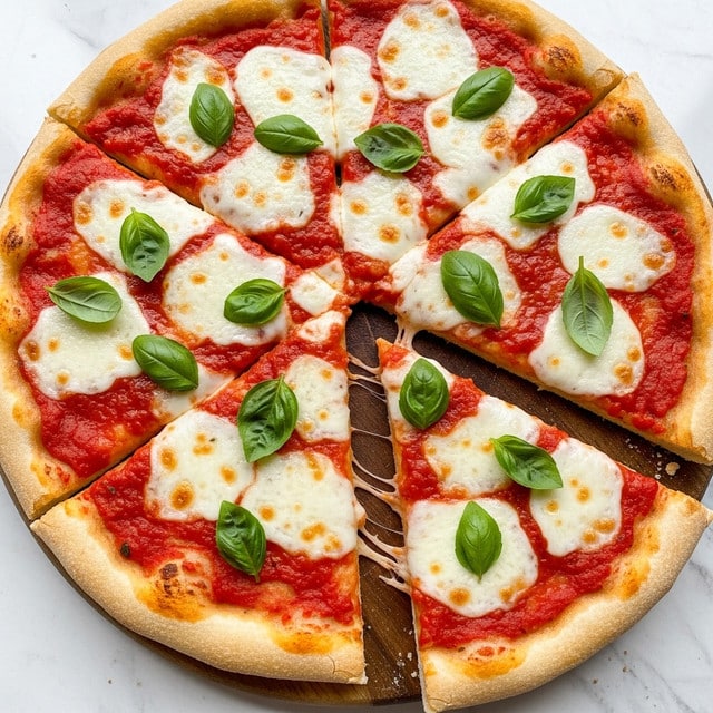 A freshly baked pizza is shown cut into six slices placed on a wooden board over a white marbled surface. The pizza has a golden-brown thick crust around the edges. The first layer is a bright red tomato sauce spread evenly across the dough but stopping short of the crust. Over the sauce are irregular patches of melted white mozzarella cheese, some areas more bubbly and melted than others. Fresh green basil leaves are scattered on top of the cheese, adding a pop of color. One slice is slightly pulled away from the rest, showing the layers clearly. photo taken with an iphone --ar 4:5 --v 7