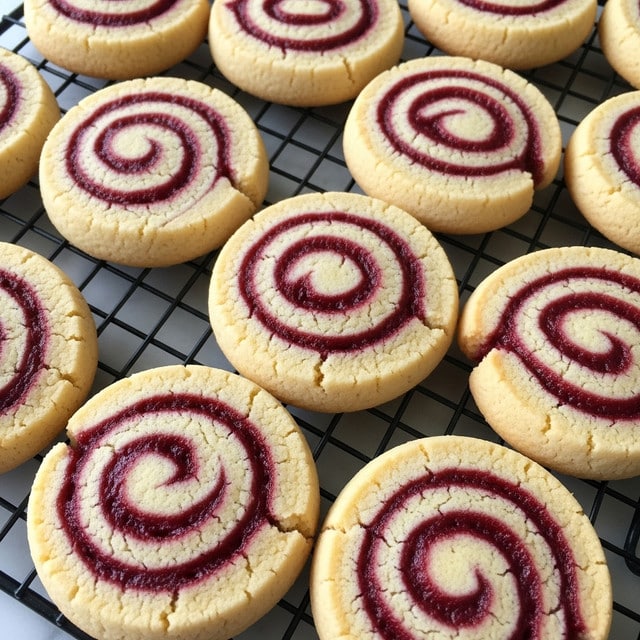 The image shows close-up of swirl cookies on a black cooling rack against a white marbled background. Each cookie has two main layers forming a spiral pattern: a light golden-brown dough base with a soft, slightly cracked texture and a bright, deep red fruit swirl embedded within it. The swirl is smooth and glossy, contrasting with the matte look of the dough. The cookies are arranged in overlapping rows filling the frame, highlighting their round shape and the detailed spiral design. photo taken with an iphone --ar 4:5 --v 7