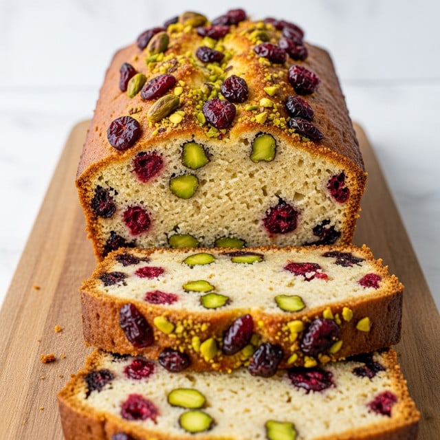 The image shows a close-up of a loaf of cake with two slices cut from it, all placed on a wooden board. The cake has a golden-brown crust with a textured surface and is filled with bright red dried cranberries and green pistachio nuts evenly spread throughout the soft, light beige inside. The top of the cake is also dotted with crushed pistachio pieces and dried cranberries. The background is a simple white marbled texture. photo taken with an iphone --ar 4:5 --v 7