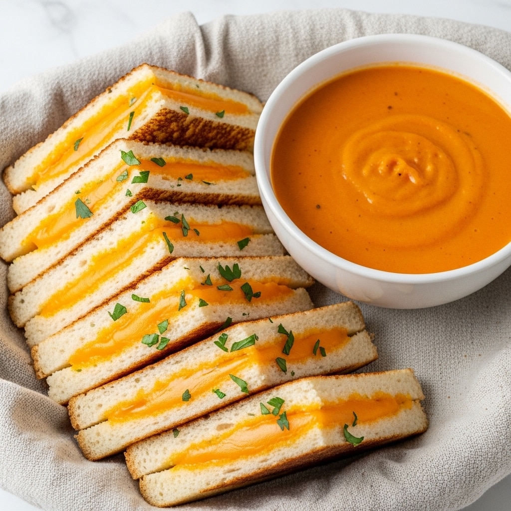 A basket filled with small grilled cheese sandwiches cut into triangular pieces stacked together, each sandwich showing one layer of melted bright orange cheese inside golden toasted white bread with some green herbs sprinkled on top of the cheese and bread edges. To the side, a white bowl holds a smooth orange tomato soup, all placed on a cloth-lined basket against a white marbled surface. photo taken with an iphone --ar 4:5 --v 7