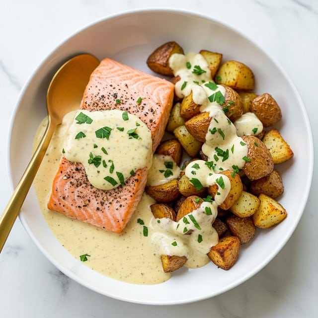 In a white bowl sits a thick, pink salmon fillet with a crispy, browned top layer. It is covered by a creamy, light yellow sauce with visible small bits and green herbs sprinkled on top. Surrounding the salmon are golden-brown roasted potato chunks, with a slightly crispy texture and herbs on them. The sauce pools softly around the salmon and potatoes, with green herb sprinkles over the whole dish. A golden spoon rests on the right edge of the bowl. The whole setting is on a white marbled surface. photo taken with an iphone --ar 4:5 --v 7