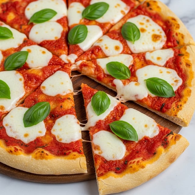 A close-up view of a sliced pizza with a thick, golden-brown crust around the edge. The pizza has one main layer of bright red tomato sauce spread evenly on top of the crust. Over the sauce, there are uneven patches of melted white mozzarella cheese with a soft, gooey texture. Fresh bright green basil leaves are scattered on top, adding a pop of color. The pizza is set on a light wooden board with a white marbled surface visible around it. One slice is slightly pulled away, showing the soft, thick crust beneath. Photo taken with an iphone --ar 4:5 --v 7