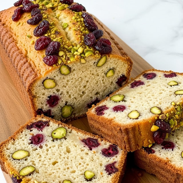 A close-up view of a loaf cake on a wooden board, sliced to show its soft, light beige interior filled with bright red cranberries and green pistachio pieces evenly spread throughout. The cake’s outer crust is golden brown with more pistachio nuts scattered on top, giving a crunchy texture contrast. The background is a white marbled surface, making the colors of the cake stand out vividly. Photo taken with an iphone --ar 4:5 --v 7