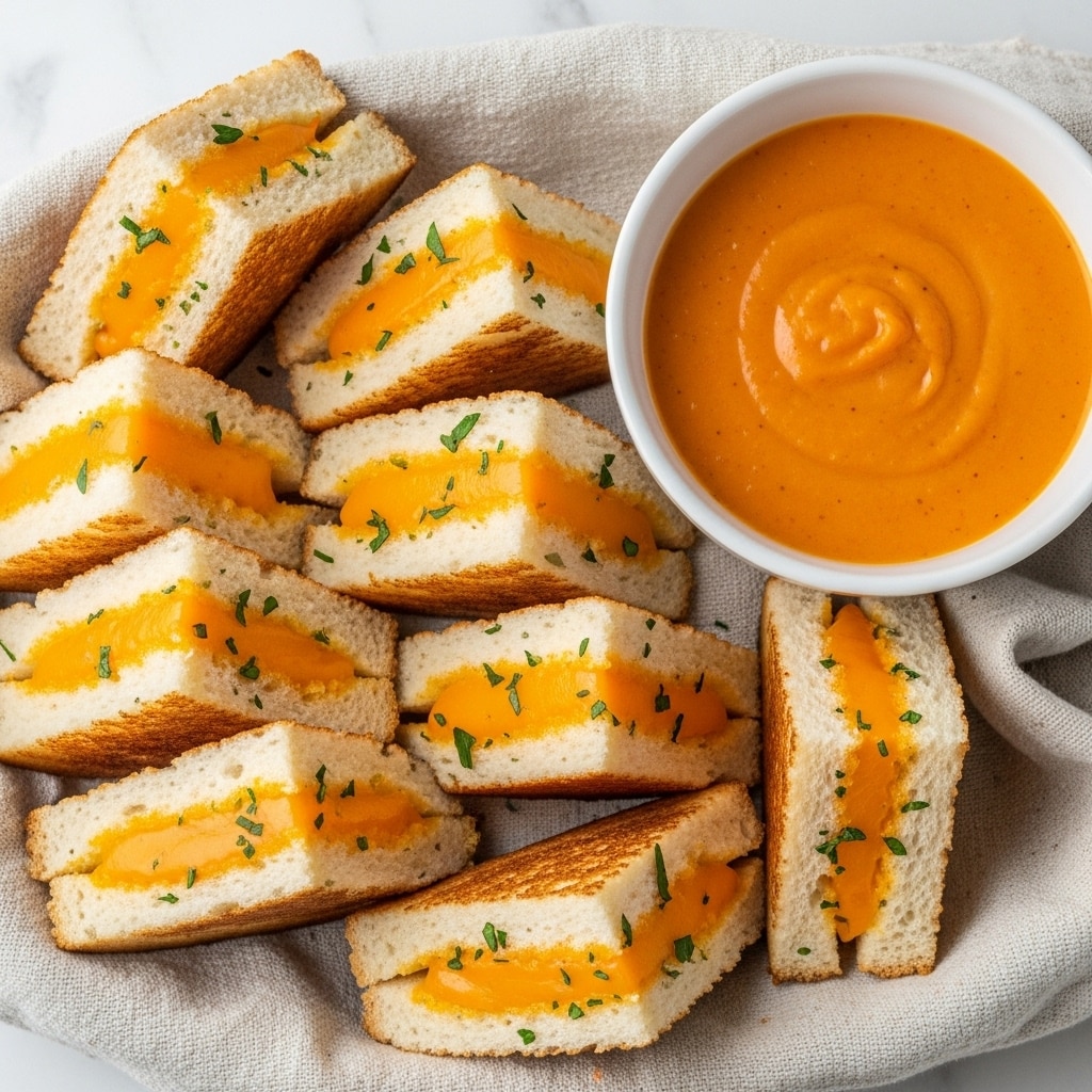 The image shows a basket lined with a gray cloth filled with several small grilled cheese sandwich quarters. Each sandwich piece has two outer slices of golden-brown toasted bread with a slightly crispy texture, and a melted bright orange cheese layer oozing from inside. Bits of green herbs are sprinkled over the cheese on top. On the side in the basket, there is a white bowl filled with smooth, orange-colored tomato soup. The whole scene is set on a white marbled surface. Photo taken with an iphone --ar 4:5 --v 7