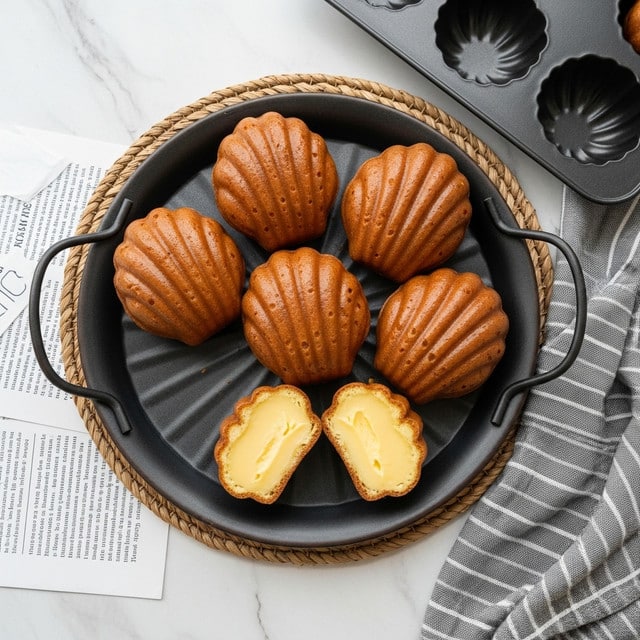 The image shows six brown shell-shaped cakes with a glossy, smooth surface and ridged texture, arranged in a black metal round tray with handles. Two cakes are cut open to show a soft, light yellow inside with a smooth custard-like texture. The tray rests on a woven round mat and some white papers with printed text on a white marbled surface. To the side, there is a gray striped cloth partially visible, and part of a black baking mold with more cakes in it is at the top right corner. photo taken with an iphone --ar 4:5 --v 7