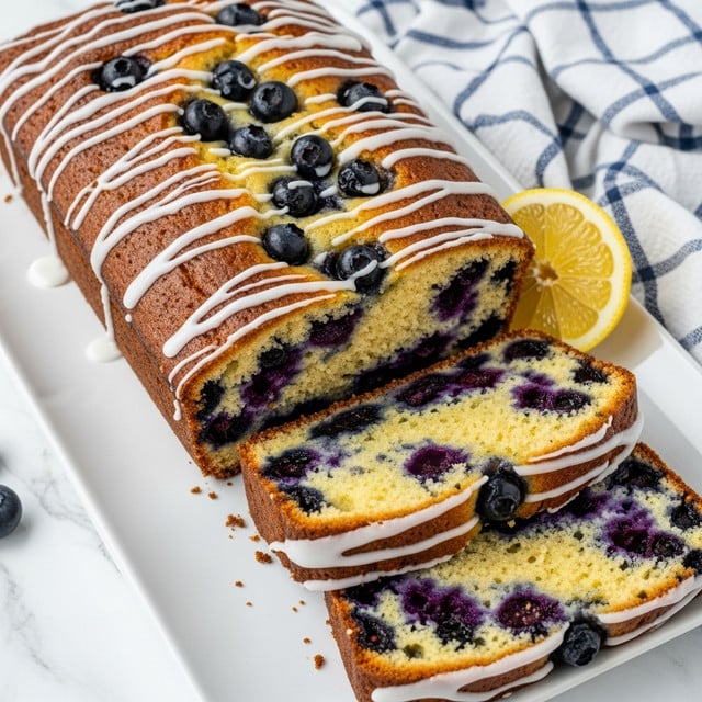A rectangular blueberry loaf cake sits on a white plate, topped with whole blueberries and a drizzled white glaze in thin, irregular lines. The cake has a golden brown crust with a slightly cracked top. Three slices lie beside the loaf, showing a dense, moist interior filled with evenly spread dark purple blueberries throughout the yellow cake. A half lemon slice is visible on the plate near the cake, and a blue and white checkered cloth is partially seen in the background on a white marbled surface. Photo taken with an iphone --ar 4:5 --v 7