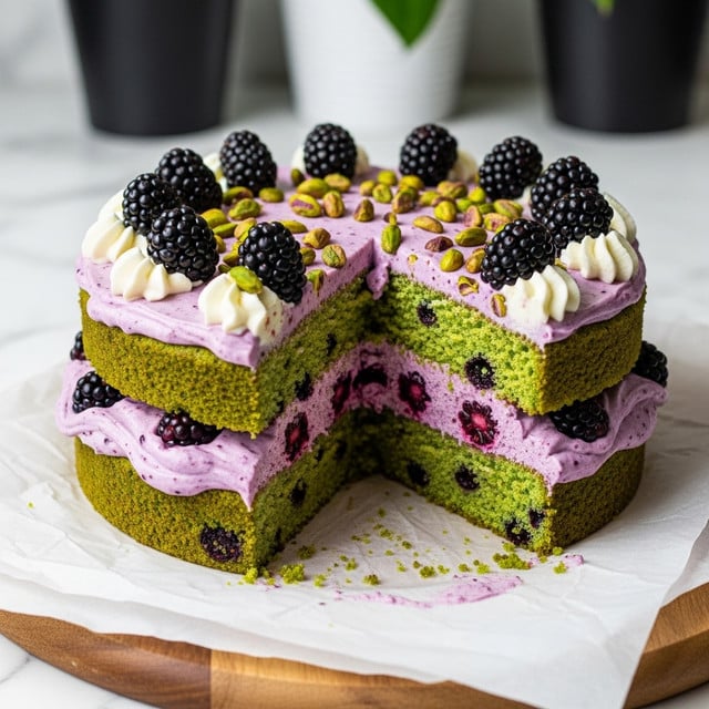 A two-layer green pistachio cake with dark berry pieces inside each layer sits on white parchment on a wooden board over a white marbled surface. Between the layers, a smooth purple berry frosting is spread, matching the frosting covering the top. The top is decorated with dark blackberries and red berries, light green pistachios, and small white cream swirls spaced around the edge. A slice is cut out, showing the texture and colors inside the cake. Photo taken with an iphone --ar 4:5 --v 7