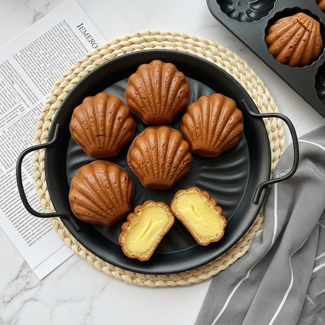 The image shows a round metal tray filled with seven golden-brown madeleine cakes, each with a shell shape and a slightly glossy texture on top. One madeleine is cut open, revealing a light, soft, and fluffy inside with two creamy yellow layers. The tray is lined with white parchment paper and rests on a wicker placemat over a white marbled surface. Nearby, part of a striped gray and white cloth is visible, along with a black muffin pan holding more madeleines at the top right corner. Photo taken with an iphone --ar 4:5 --v 7